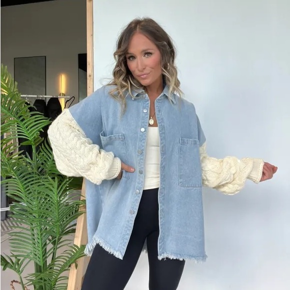 Blu Pepper Crochet Couture Denim and Contrast Sleeve Button up Jacket - Picture 1 of 8